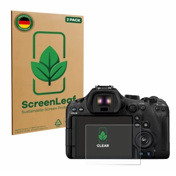 Front side of a product packaging with the brand logo ScreenLeaf. Next to it is the device Canon EOS R6 Mark III shown with th