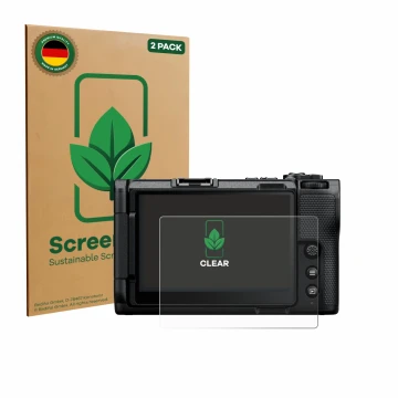 Front side of a product packaging with the brand logo ScreenLeaf. Next to it is the device Nikon ZR 2025 shown with the corres