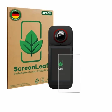 Front side of a product packaging with the brand logo ScreenLeaf. Next to it is the device Labpano PanoX V3 360° shown with th