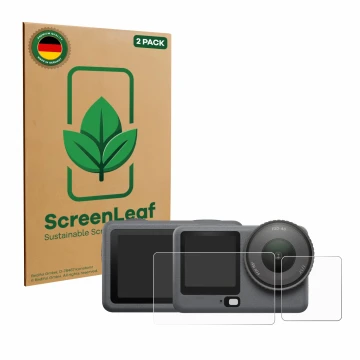 Front side of a product packaging with the brand logo ScreenLeaf. Next to it is the device DJI Osmo Action 6 shown with the co