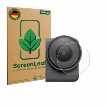 Front side of a product packaging with the brand logo ScreenLeaf. Next to it is the device DJI Osmo Action 6 (Lens) shown with