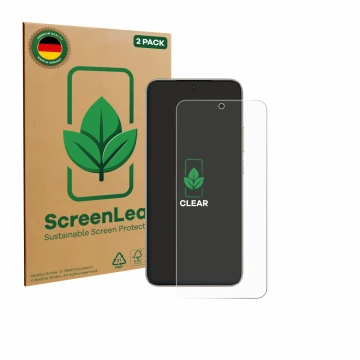Front side of a product packaging with the brand logo ScreenLeaf. Next to it is the device Honor X70 shown with the correspond