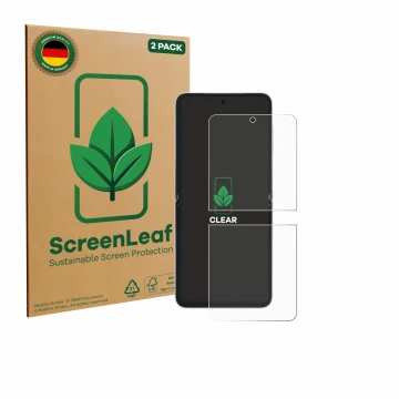 Front side of a product packaging with the brand logo ScreenLeaf. Next to it is the device Honor Magic V Flip 2 shown with the