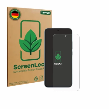 Front side of a product packaging with the brand logo ScreenLeaf. Next to it is the device Oppo F31 shown with the correspondi