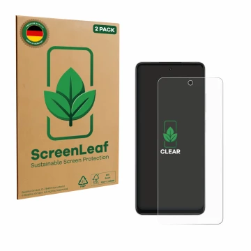 Front side of a product packaging with the brand logo ScreenLeaf. Next to it is the device Oppo A5x shown with the correspondi