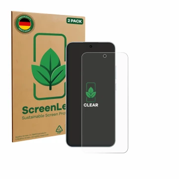 Front side of a product packaging with the brand logo ScreenLeaf. Next to it is the device Oppo F31 Pro shown with the corresp