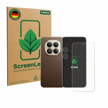 Front side of a product packaging with the brand logo ScreenLeaf. Next to it is the device Xiaomi Redmi Note 15 Pro Plus 5G (F