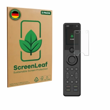 Front side of a product packaging with the brand logo ScreenLeaf. Next to it is the device Sofabaton X1S shown with the corres