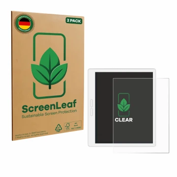 Front side of a product packaging with the brand logo ScreenLeaf. Next to it is the device Bigme B751C-S shown with the corres