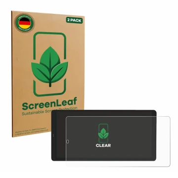 Front side of a product packaging with the brand logo ScreenLeaf. Next to it is the device Shelly Wall Display X2 shown with t