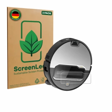 Front side of a product packaging with the brand logo ScreenLeaf. Next to it is the device Roborock Saros Z70 shown with the c