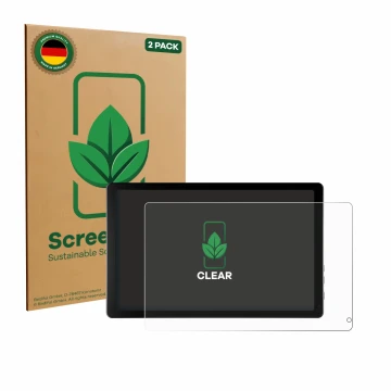 Front side of a product packaging with the brand logo ScreenLeaf. Next to it is the device Laptok KB1001 10.1