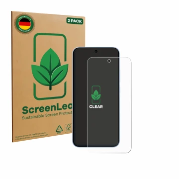 Front side of a product packaging with the brand logo ScreenLeaf. Next to it is the device Oppo Reno 15 FS 5G shown with the c
