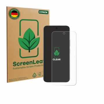 Front side of a product packaging with the brand logo ScreenLeaf. Next to it is the device realme C85 shown with the correspon