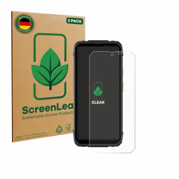 Front side of a product packaging with the brand logo ScreenLeaf. Next to it is the device Blackview Rock 1 shown with the cor