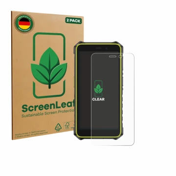 Front side of a product packaging with the brand logo ScreenLeaf. Next to it is the device Ulefone RugKing 2 Pro shown with th
