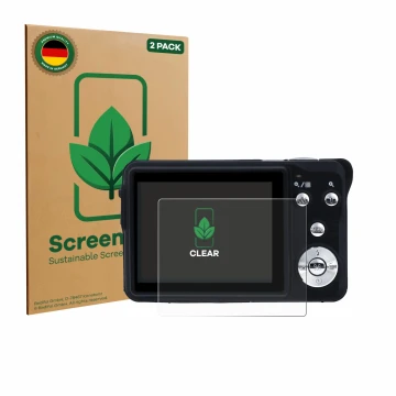 Front side of a product packaging with the brand logo ScreenLeaf. Next to it is the device Rollei Compactline 880 shown with t