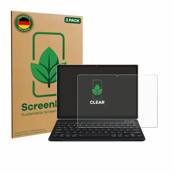Front side of a product packaging with the brand logo ScreenLeaf. Next to it is the device DEERTiME E9 10.1