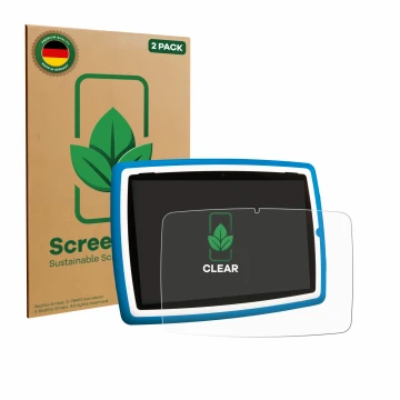 Front side of a product packaging with the brand logo ScreenLeaf. Next to it is the device Lisciani Mio Tab 10 Tutor XL shown 