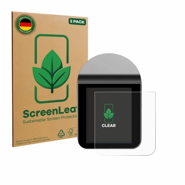 Front side of a product packaging with the brand logo ScreenLeaf. Next to it is the device KitchenBoss G330 shown with the cor