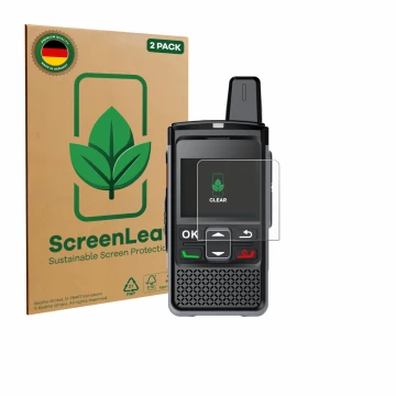 Front side of a product packaging with the brand logo ScreenLeaf. Next to it is the device Hytera PNC360S shown with the corre