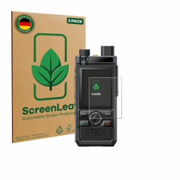 Front side of a product packaging with the brand logo ScreenLeaf. Next to it is the device Hytera P50 shown with the correspon