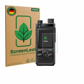 Front side of a product packaging with the brand logo ScreenLeaf. Next to it is the device Hytera P50 Pro shown with the corre