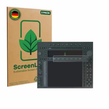 Front side of a product packaging with the brand logo ScreenLeaf. Next to it is the device Ableton Push 3 shown with the corre