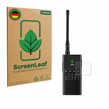 Front side of a product packaging with the brand logo ScreenLeaf. Next to it is the device Choyong WT2 shown with the correspo