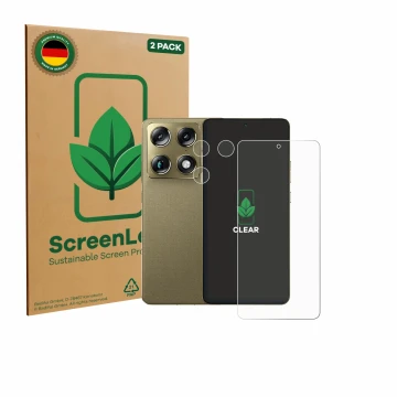Front side of a product packaging with the brand logo ScreenLeaf. Next to it is the device Motorola Signature 165 (Front+Camer