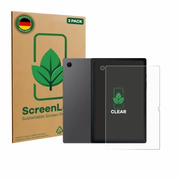 Front side of a product packaging with the brand logo ScreenLeaf. Next to it is the device Samsung Galaxy Tab A8 (Front+Camera