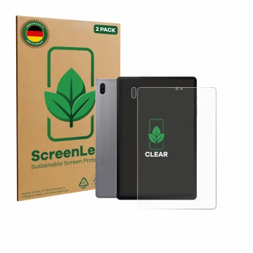Front side of a product packaging with the brand logo ScreenLeaf. Next to it is the device Samsung Galaxy Tab S6 2020 (Front+C