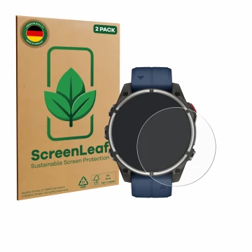 Front side of a product packaging with the brand logo ScreenLeaf. Next to it is the device Garmin quatix 8 Pro (47 mm) shown w