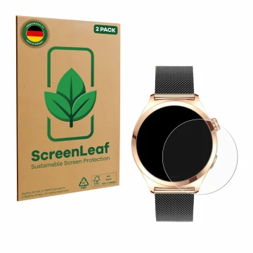 Front side of a product packaging with the brand logo ScreenLeaf. Next to it is the device Niolina Smartwatch 1.27