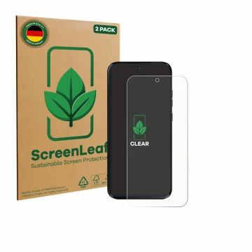 Front side of a product packaging with the brand logo ScreenLeaf. Next to it is the device Motorola Moto G67 shown with the co