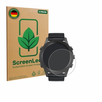 Front side of a product packaging with the brand logo ScreenLeaf. Next to it is the device North Edge Apache 46 shown with the