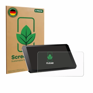 Front side of a product packaging with the brand logo ScreenLeaf. Next to it is the device RiderNav R7M shown with the corresp