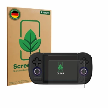 Front side of a product packaging with the brand logo ScreenLeaf. Next to it is the device Ayaneo Pocket Air Mini shown with t