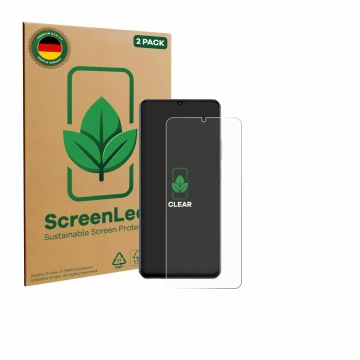 Front side of a product packaging with the brand logo ScreenLeaf. Next to it is the device realme Note 70 shown with the corre