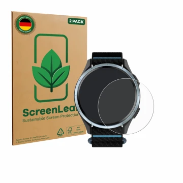 Front side of a product packaging with the brand logo ScreenLeaf. Next to it is the device Garmin Approach J1 shown with the c