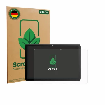 Front side of a product packaging with the brand logo ScreenLeaf. Next to it is the device Rebecco Z50 10.1