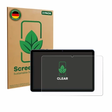 Front side of a product packaging with the brand logo ScreenLeaf. Next to it is the device WOREGOO M283-EEA 10.1