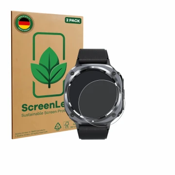 Front side of a product packaging with the brand logo ScreenLeaf. Next to it is the device TIMU S90 1.45