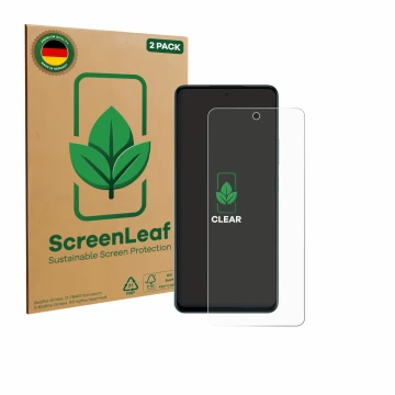 Front side of a product packaging with the brand logo ScreenLeaf. Next to it is the device Oppo A5 4G shown with the correspon