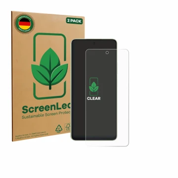 Front side of a product packaging with the brand logo ScreenLeaf. Next to it is the device Oppo A5 Energy shown with the corre