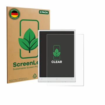 Front side of a product packaging with the brand logo ScreenLeaf. Next to it is the device Viwoods AiPaper Mini shown with the