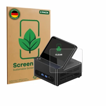 Front side of a product packaging with the brand logo ScreenLeaf. Next to it is the device AOOSTAR ‎G-FLIP H255 shown with the