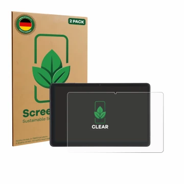 Front side of a product packaging with the brand logo ScreenLeaf. Next to it is the device Acepad A171 10.4