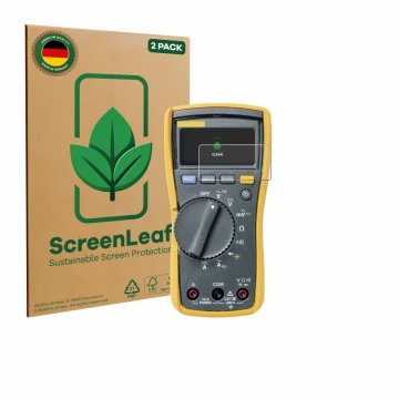 Front side of a product packaging with the brand logo ScreenLeaf. Next to it is the device Fluke 115 shown with the correspond