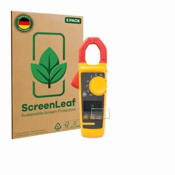 Front side of a product packaging with the brand logo ScreenLeaf. Next to it is the device Fluke 325 shown with the correspond
